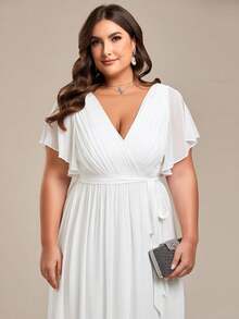 EVERPRETTY Plus Size Women's Fitted Solid Color Ruched V-Neck Ruffle Sleeve Formal Dress, White Elegant Gown, Wedding Dress, Bridal - White - View 5