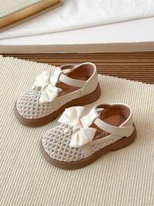 1 Pair Girls' Shoes, Children's Bowknot Hollow-Out Princess Shoes, Versatile Little White Shoes, Toddler Hook And Loop Performance Shoes - Beige - View 2