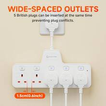 2500W壁挂电源插座，PC材质，独立开关控制，5个AC插座，适用于客厅、厨房、办公室、卧室，黑/白 - 英規插(220-240V) - 查看 8