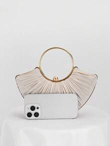 1件女士优雅奢华褶皱设计缎面盒形手拿包/金属环手柄手提包，鸡尾酒晚宴包/不对称包/迷人/精致晚礼服包/杏色手拿包，适合休闲穿着、聚会、购物、派对、生日、浪漫假期，附赠金属链条肩带。 - 杏色 - 查看 3