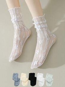 1/5/10双装 女士性感蕾丝花卉时尚超薄透明夏季日系镂空网眼短袜，复古长筒可爱袜子 - 彩色 - 查看 3