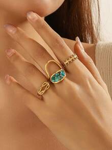 3pcs Set Stainless Steel 18K Gold Plated Minimalist Geometric Leaf Line Design Rings, Suitable For Women's Daily Wear - Gold - View 11