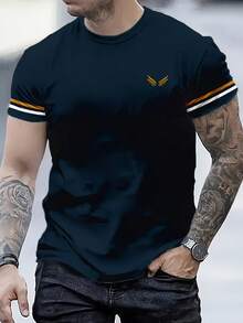 男士海军蓝翅膀3D印花T恤 | 条纹袖口休闲短袖衬衫 - 彩色 - 查看 3