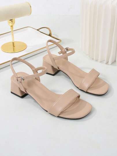 女士露趾粗跟凉鞋，中跟法式凉鞋，大码女士凉鞋，复古踝带经典高跟时尚凉鞋