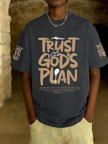 Kaos Kasual Anak Laki-Laki Berkerah Bulat dengan Motif Grafis, Kaos Lengan Pendek Lembut & Nyaman dengan Pola Slogan, Cocok untuk Remaja di Musim Semi/Panas - Dark Grey - View 8