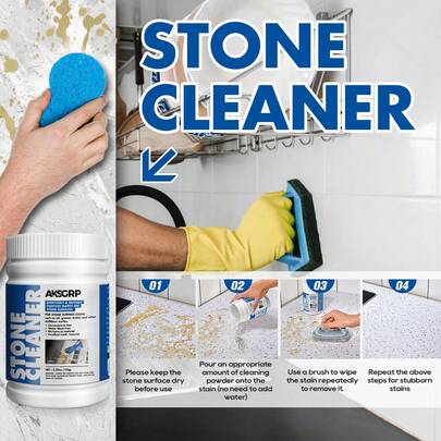 150 g stenrengöringspulver för polering och fläckborttagning på stenytor. Lämplig för marmor, granit, kvarts och kakel. Kraftigt rengöringsmedel, lämpligt för köksbänkskivor i kvarts. Djuprengöringspulver för marmor, granit och keramiska plattor, kan ta bort gulfärgning och fläckar.