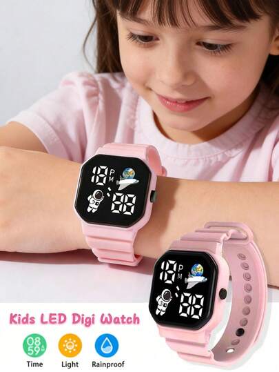 1pc Hot Battery Powered LED Digital Watch, Square Dial With Astronaut & Spaceship Pattern, Suitable For Students, Children, Casual, Sports, Gifts
