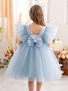 Young Girl Sparkly Bow Mesh Ruffle Sleeve Light Blue Princess Dress, Elegant Tulle Gown, Suitable For Girls Birthday Gift, Party, Wedding, Flower Girl, Holiday Celebration Dress Valentine's Day Thanksgiving Dress - 淺藍色 - 查看 2