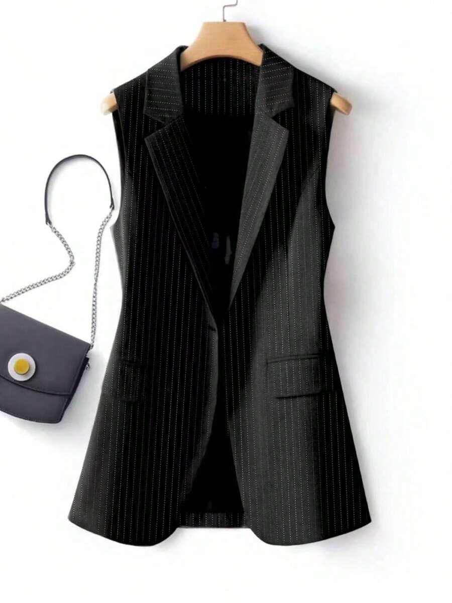 Chaleco de blazer regular de mujer con parche a rayas, unicolor con bolsillo y botón, para uso de oficina en primavera, color negro - Negro - Ver 1