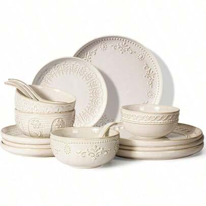 Plates And Bowls Sets 16 Pieces Dinnerware Sets Dish Set For 4 Ceramic Kitchen Bowl And Plate Set Embossed White Dishware Sets Dishwasher And Microwave  Multiple Patterns