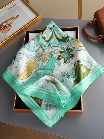 1 pieza Pañuelo cuadrado de mujer con estampado floral clásico, suave y transpirable de 70 cm, pañuelo para la cabeza/cuello con múltiples formas de uso, cómodo y amigable con la piel, ideal para la playa, el diario y deportes