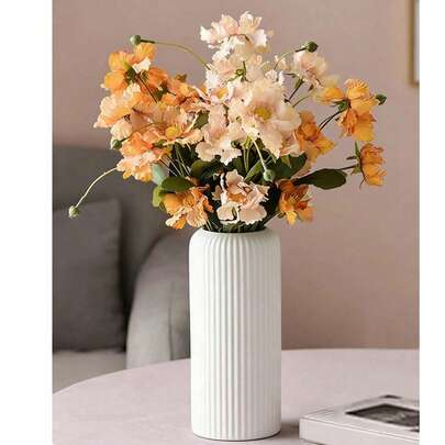 1pc Ceramic-Look Plastic Composite Vase - Anti-Drop Vase, Modern Minimalist Striped Plastic Vase, Roman Decorative Vase, Minimalist Desktop Vase, Home Decor Ornament, Suitable For Wedding/Party Table Centerpiece, Dried Flowers, Fresh Flowers Such As Lily, Tulip, Sunflower, Rose, Daisy, Artificial Flowers, Dried Roses, Reeds, Carnations, Daisies, Roses, Branches, Palm Leaves, Bamboo Branches, Dried Flower Bouquets, Gypsophila, Limonium