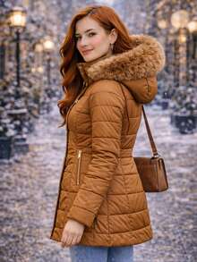 OVERCOAT WOMEN'S PARKA COAT IN STYLISH PADDED NYLON WITH FLEECE HOOD COLD WINTER PREMIUM NEW ARRIVAL - 駝色 - 查看 3