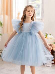 Young Girl Sparkly Bow Mesh Ruffle Sleeve Light Blue Princess Dress, Elegant Tulle Gown, Suitable For Girls Birthday Gift, Party, Wedding, Flower Girl, Holiday Celebration Dress Valentine's Day Thanksgiving Dress - 淺藍色 - 查看 4