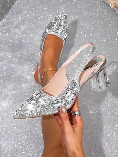 女士高跟凉鞋，夏季新款不对称高跟凉鞋，饰以闪亮水钻，露趾弹力带凉鞋，套脚式凉鞋，随机花卉或纯色，优雅派对风格，镂空水钻露趾高跟凉鞋，适合海滩、婚礼、派对、办公室、居家、户外、春夏等各种场合。