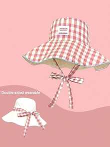 1 pieza Sombrero de sol de mujer de doble cara a cuadros, sombrero de ala ancha con protección UV para playa/viaje/pesca con decoración de lazo - multicolor - Ver 2