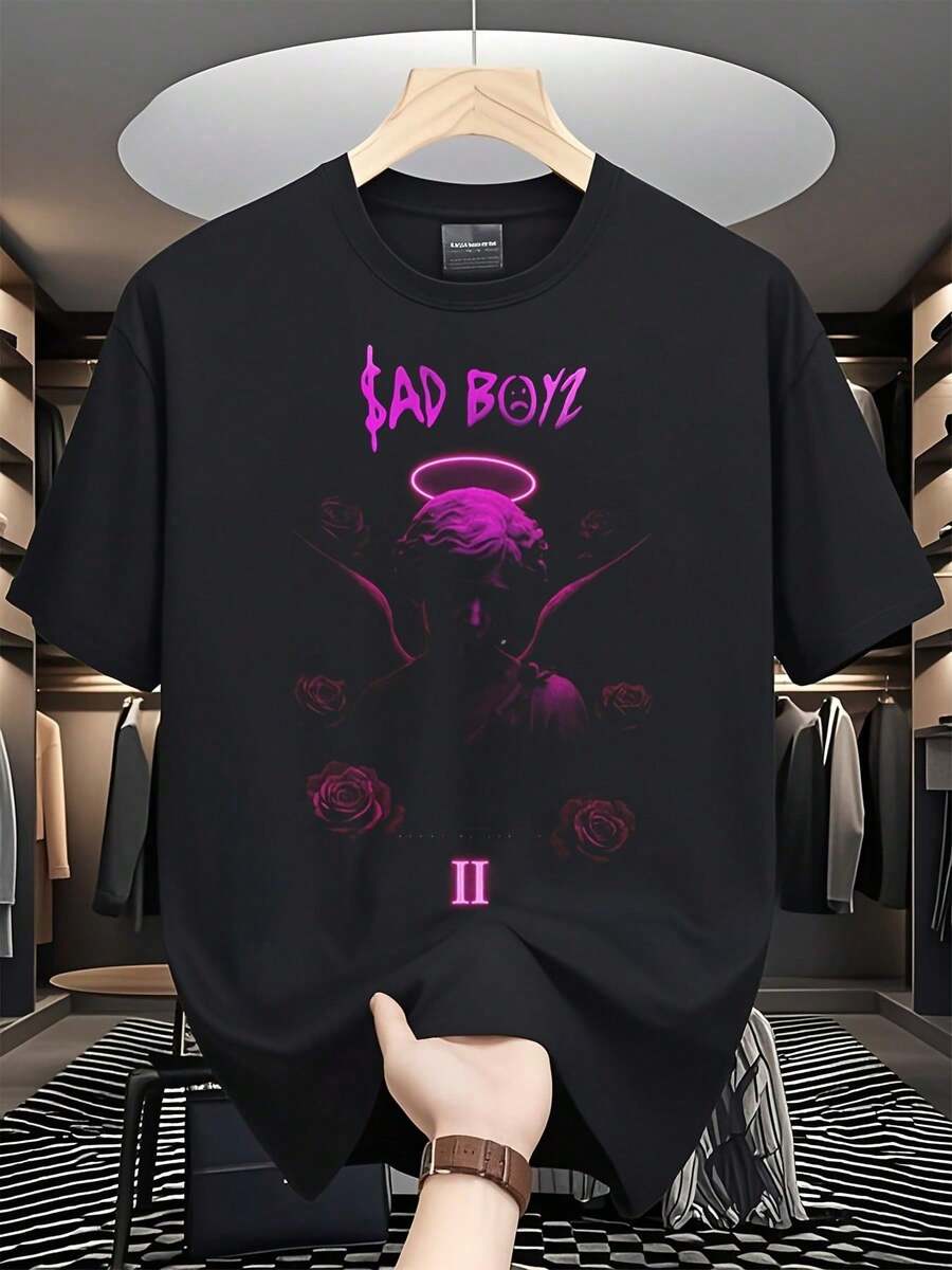Tienda Local, Camisetas para Hombres, Camisas para Hombres, Ropa para Hombres, Camisetas para Hombres, Camiseta para Hombre, Ángel Triste, Camiseta Blanca y Negra de 180g, Estampado de Rosa, Impresión de Alta Calidad, Cuello Redondo - Negro - Ver 1