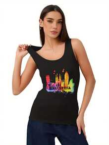 Plus Size-Women's Barcelona Spain Commemorative Pattern Tank Top - Slim Fit Breathable Sleeveless Top, Suitable For Pilates, Yoga, And Casual Summer Wear, Black-Pink-Orange Gradient Letter Print, Fitness Shirt, Travel Fashion Apparel-1XL-5XL - Black - View 6