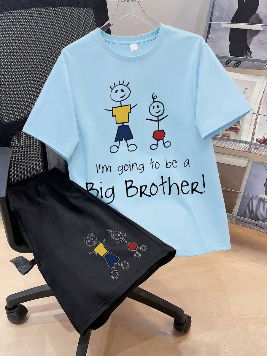 2pcs/Set Cartoon Character Print T-Shirt + Shorts Outfit, Comfortable Summer Clothing For Teenage Boys - Baby Blue - View 1