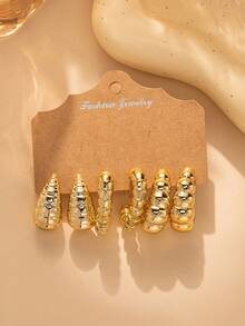 6-18 piezas Pendientes de aro en forma de C con textura de gota de agua, adecuados como regalos para fiestas y seres queridos - Dorado - Ver 6