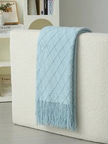 1 Diamond Grid Textured Knit Throw Blanket, Soft And Comfortable, Suitable For All Seasons, Suitable For Sofa, End Of Bed, Travel, Home Decor - Mixed Color Geometric Pattern, Acrylic Fabric - 菱形巾藍色 - 查看 3