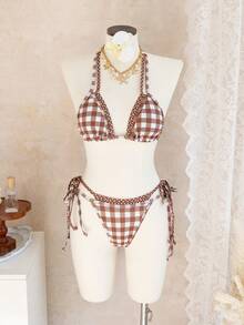 Set bikini pentru femei, 2 piese - Top triunghiular cu imprimeu cu buline și carouri, cu bretele reglabile, slip cu legături în față, costum de baie sexy pentru plajă, vară, vacanță - Multicolor - Vizualizare 2
