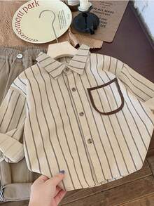 Young Boy Casual Vertical Striped Long Sleeve Shirt - Apricot - View 1