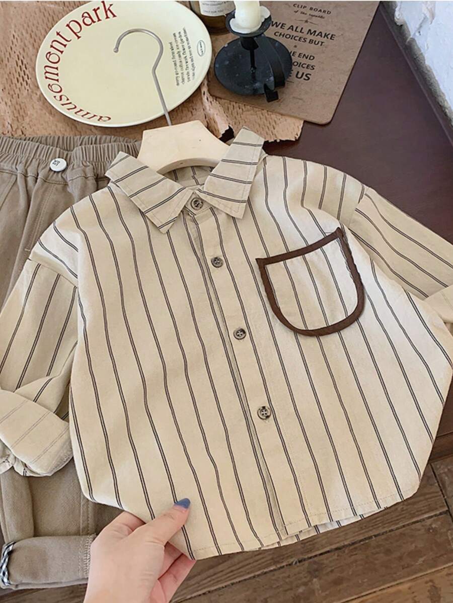 Young Boy Casual Vertical Striped Long Sleeve Shirt - Apricot - View 1