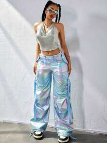 Y2K Holographic Laser Flap Pocket Side With Tape Drawstring Waist Wide Leg Parachute Cargo Pants Daily Casual Comfy Trousers Party Festival - Màu xanh lam - Xem 1