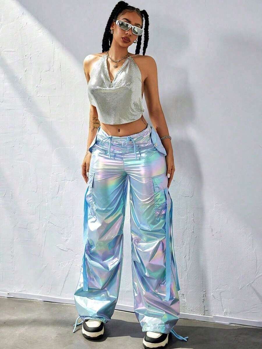 Y2K Holographic Laser Flap Pocket Side With Tape Drawstring Waist Wide Leg Parachute Cargo Pants Daily Casual Comfy Trousers Party Festival - Màu xanh lam - Xem 1