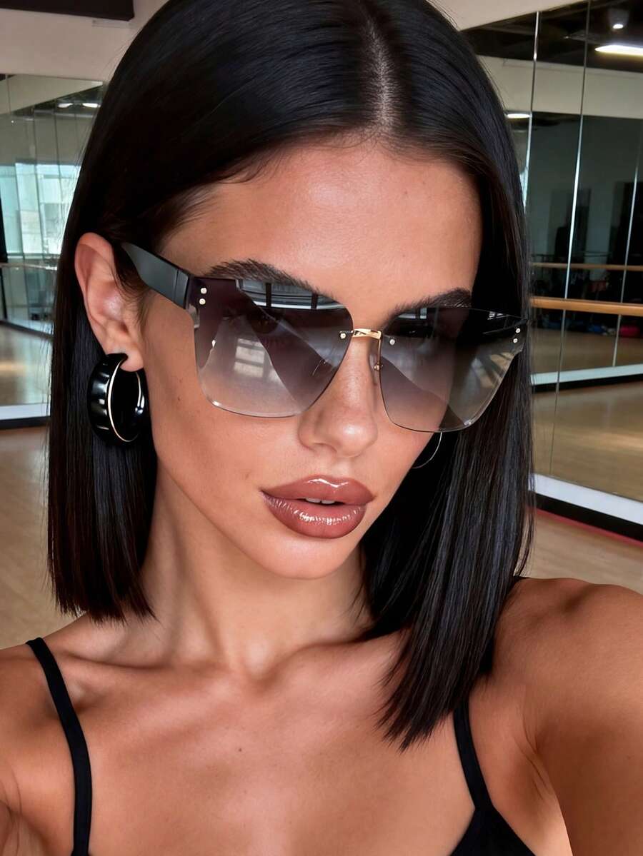 1副超大号女士时尚太阳镜，无框个性化眼镜，夏季度假旅行沙滩配饰，方形 - 雙灰 - 查看 1