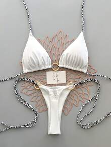 2026 Women's Summer Beach Leopard Print Patchwork Bikini Swimwear Set Vacation White - White - View 1