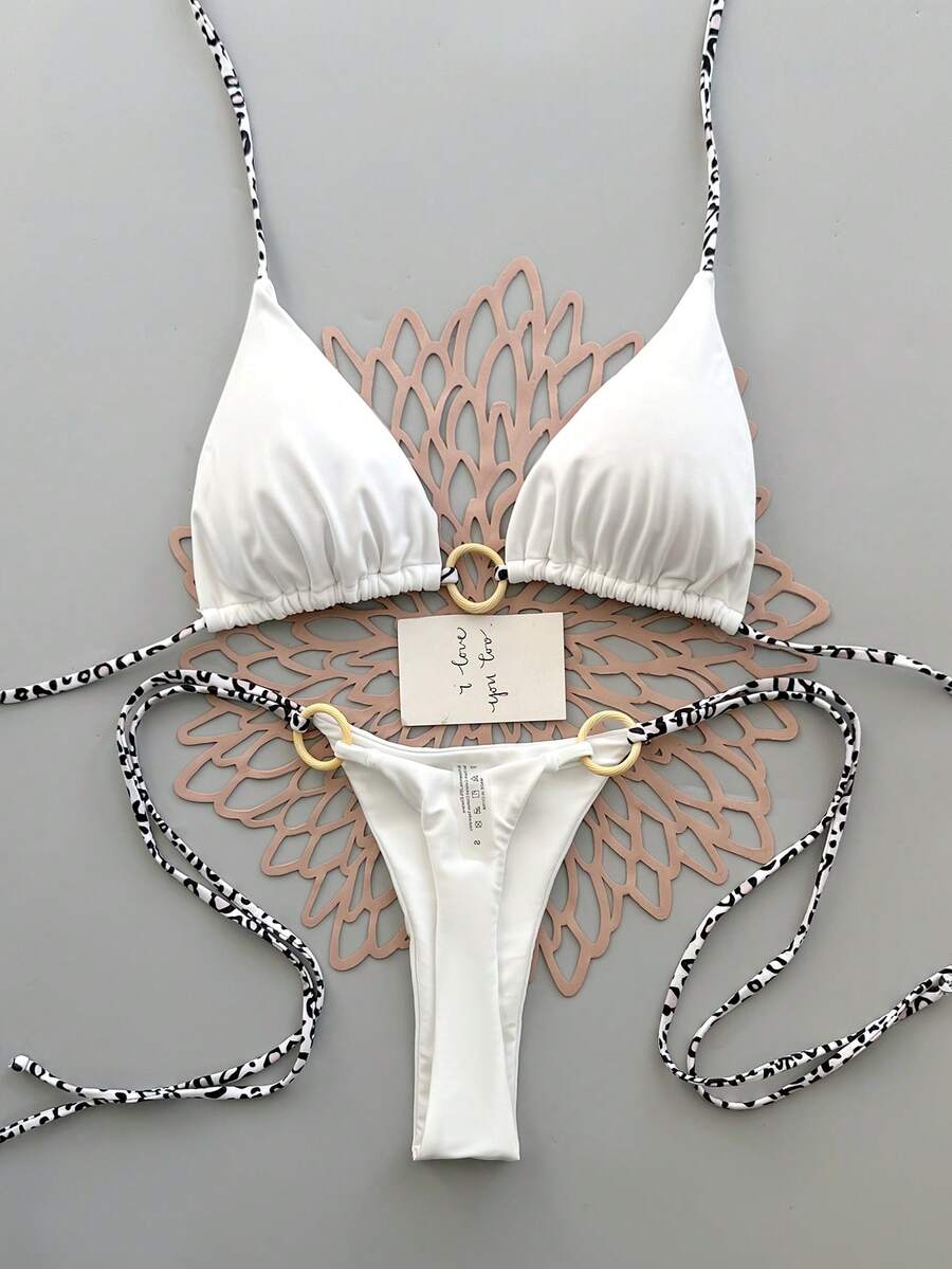 2026 Women's Summer Beach Leopard Print Patchwork Bikini Swimwear Set Vacation White - White - View 1