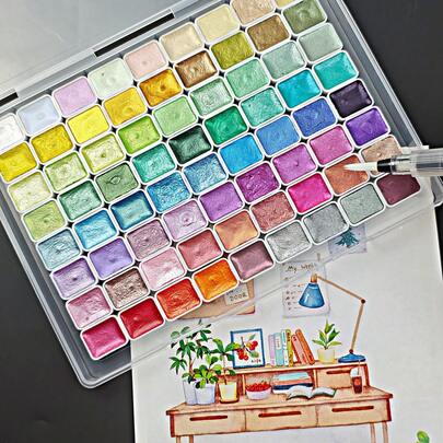 72-Color Pearlescent Watercolor Paint Set - Professional Art Supplies With Intense Sparkle & Light Fastness - Solid Pigments For Artists, Adults, Hobbyists