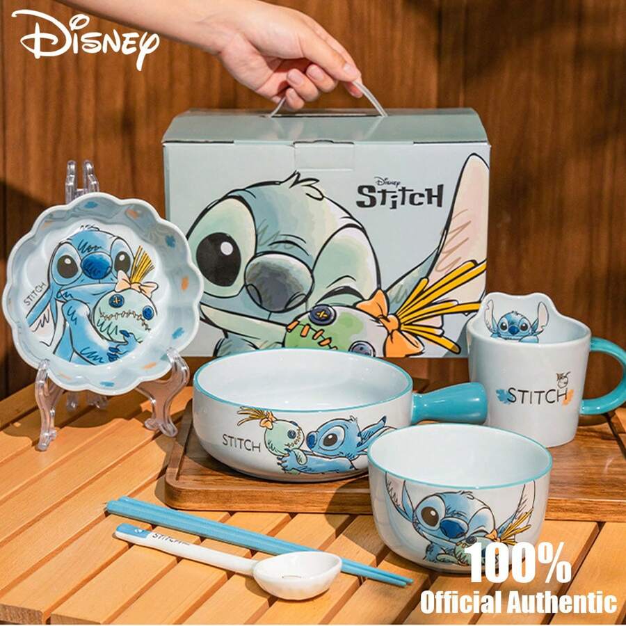 Disney Official Stitch Ceramic Tableware Set, Cartoon Handle Bowl, Ceramic Salad Bowl, Cute Rice Bowl, Personalized Bowls And Chopsticks Gift Box - Multicolor - View 1