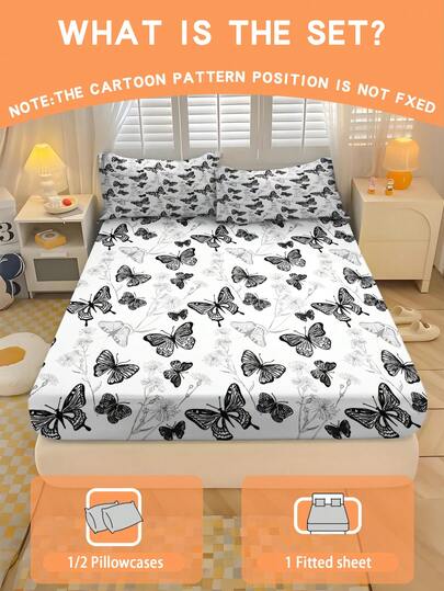 2/3PCS Black & White Butterfly Fitted Sheet Set Bedding Set Queen Size Soft And Comfortable Decoration For Bedroom Guest Room And Dorm Bedding Mattress Cover 100% Polyester (1 Bedsheet+1/2 Pillowcase) Only One Pillowcase Is Provided For Sizes 71x132, 90x190, 99x190, 90x200, And 138x190. )For Other Sizes, Two Pillowcases Are Provided.