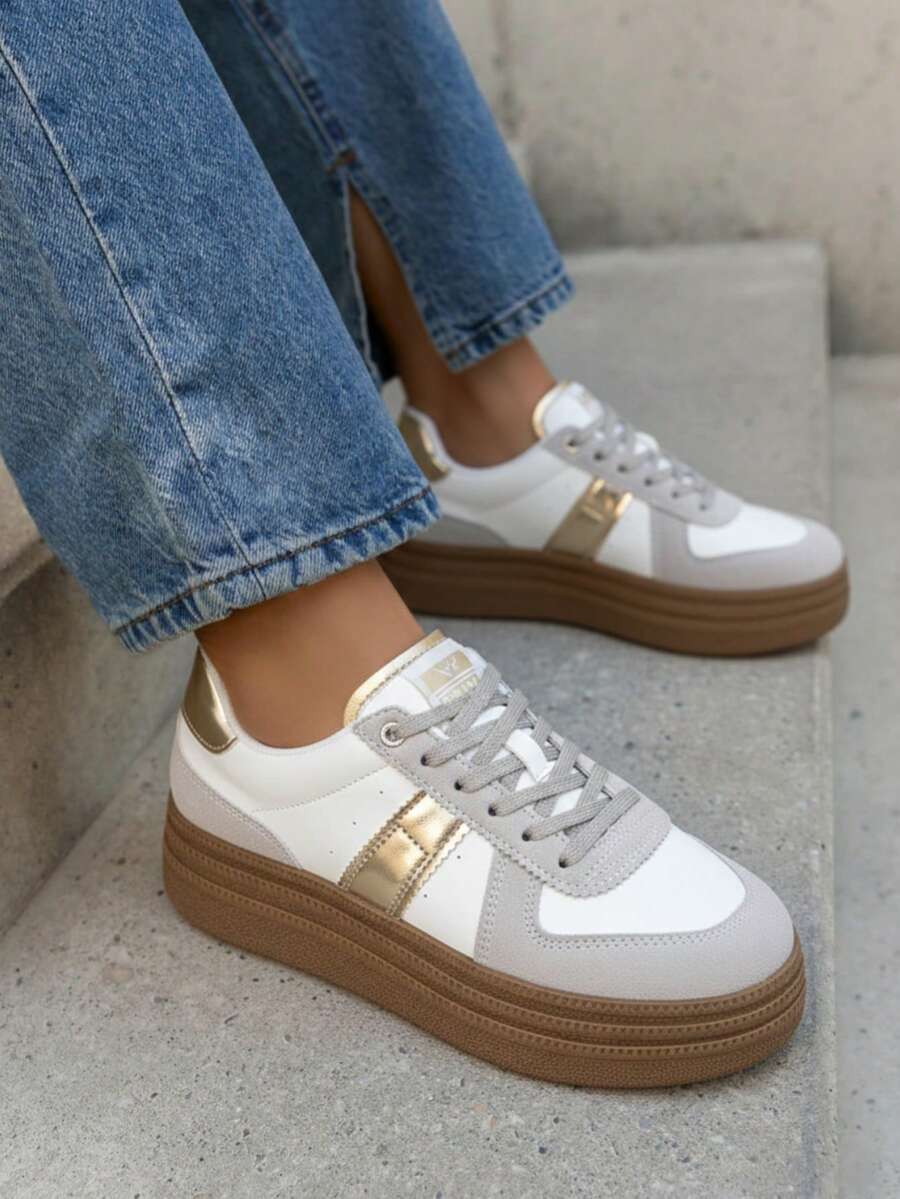 Women's Casual Comfortable Thick Sole Sneakers, Versatile For Daily Wear - Gold - View 1
