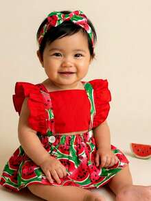 Jardineira Saia de Bebê Infantil Blogueirinha Melancia Frutas Frutinha Menina Alimentação Introdução Alimentar Ensaio Fotográfico Mesversário Temático Bebê Baby Aniversário Saia Glamour Premium Leve Tricoline 100% Algodão Ajustável e Com Elástico Fácil de Vestir - Vermelho - Visão 8