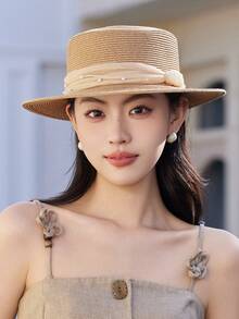 1頂女款優雅平頂草帽，珍珠裝飾，編織遮陽帽，適合春夏季、旅行、海灘、度假，名人風格、復古、修飾臉型、時尚百搭、休閒透氣，適用於日常穿搭與度假造型 - A - 查看 4