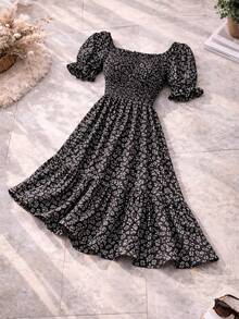 Women's Floral Print Dress, Comfortable And Stylish, Elegant Midi Length, Short Sleeve, Plus Size, Peasant Style, Princess Sleeve, Evangelical, Elasticated, Romantic - 黑色 - 查看 5