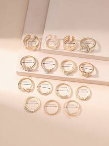 Juego de 15 piezas de anillos de moda europea y americana, anillos de aleación con rhinestones apilables, diseño asimétrico de hojas para mujeres - Juego de anillos - Ver 4