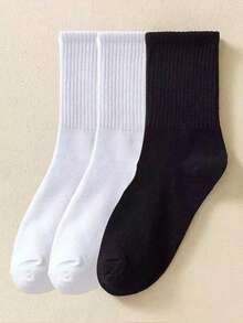 6 双女士柔软舒适纯色简约风格黑白中筒袜 - 黑與白 - 查看 7
