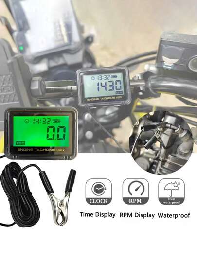 Digital Tachometer/Timer With Alligator Clip, Inductive Gasoline Engine RPM Hour Meter With Max RPM Alarm, Suitable For Bicycle, Motorcycle, ATV, Snowmobile, Boat, Snowboard, Off-Road Motorcycle And Other Gasoline Engines