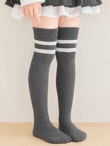 1双/4双装 儿童春夏条纹过膝袜，学院风中筒袜，百搭长筒袜，适合女孩 - 彩色 - 查看 18