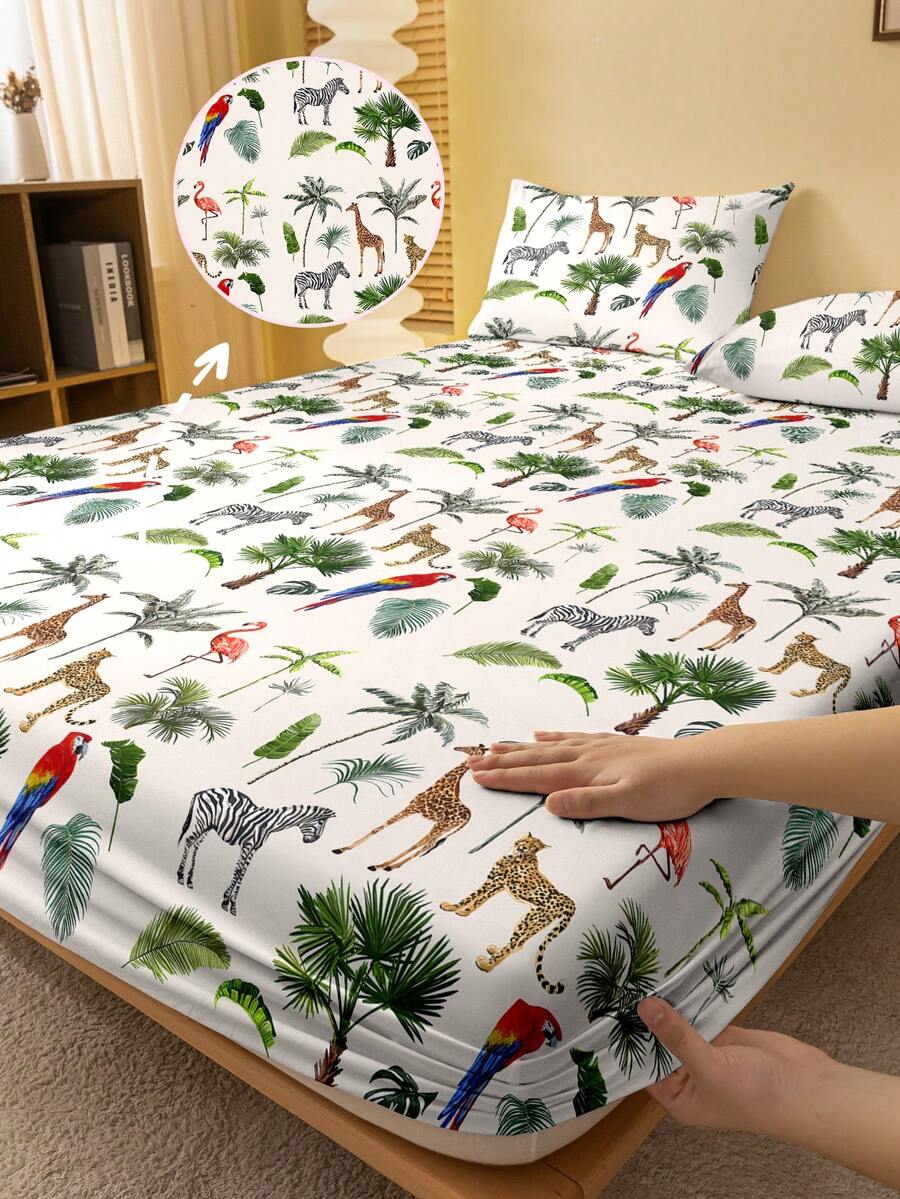 1件简约现代绿色植物动物印花磨毛床笠，卧室印花床罩，床上用品（不含枕套） - 彩色 - 查看 1