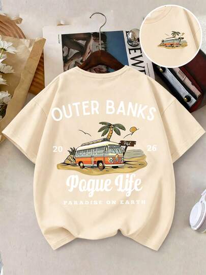 Áo thun ngắn tay mùa hè cho bé trai với họa tiết bãi biển, bờ biển, xe hơi, chất liệu mềm mại và thoải mái.