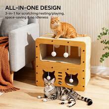 Double-Layer Standing Cat Scratching Post And Cat House Combination: Multi-Level Cat Apartment Made Of Wood And Corrugated Cardboard With A Comfortable Sleeping Loft | Satisfies A Cat's Instincts To Scratch, Climb, Chew, And Nap | Durable, Hairless, Cat Furniture - One-size - View 4