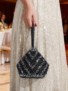 女士几何图案水钻装饰手提包，不对称手拿包，优雅派对活动配饰，可搭配晚礼服 - 黑色 - 查看 3
