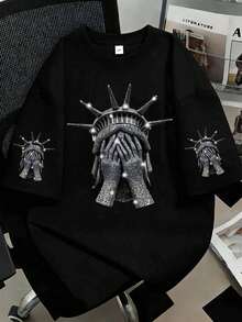 Plus Size A Woman Short-Sleeved T-Shirt With A Cartoon Diamond Statue Of Liberty Covering Face Print. It Is Loose, Comfortable And Breathable, Suitable For Daily Casual Wear In Spring And Summer. Black - Black - View 4