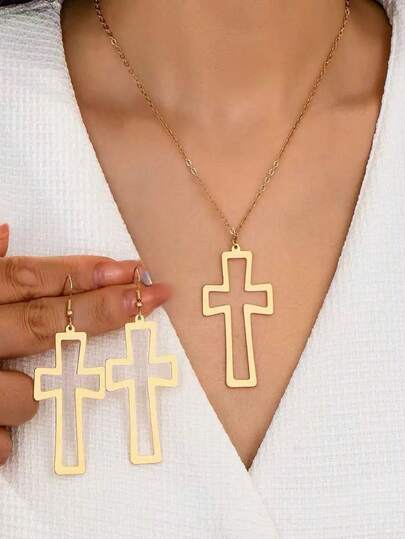 1 pieza/3 piezas Collar con colgante de cruz hueco elegante y de moda estilo europeo y americano, Conjunto de joyas con aretes dorados para mujer, Accesorios dorados elegantes y versátiles de alta calidad para mujer, adecuados para uso diario casual (color duradero)